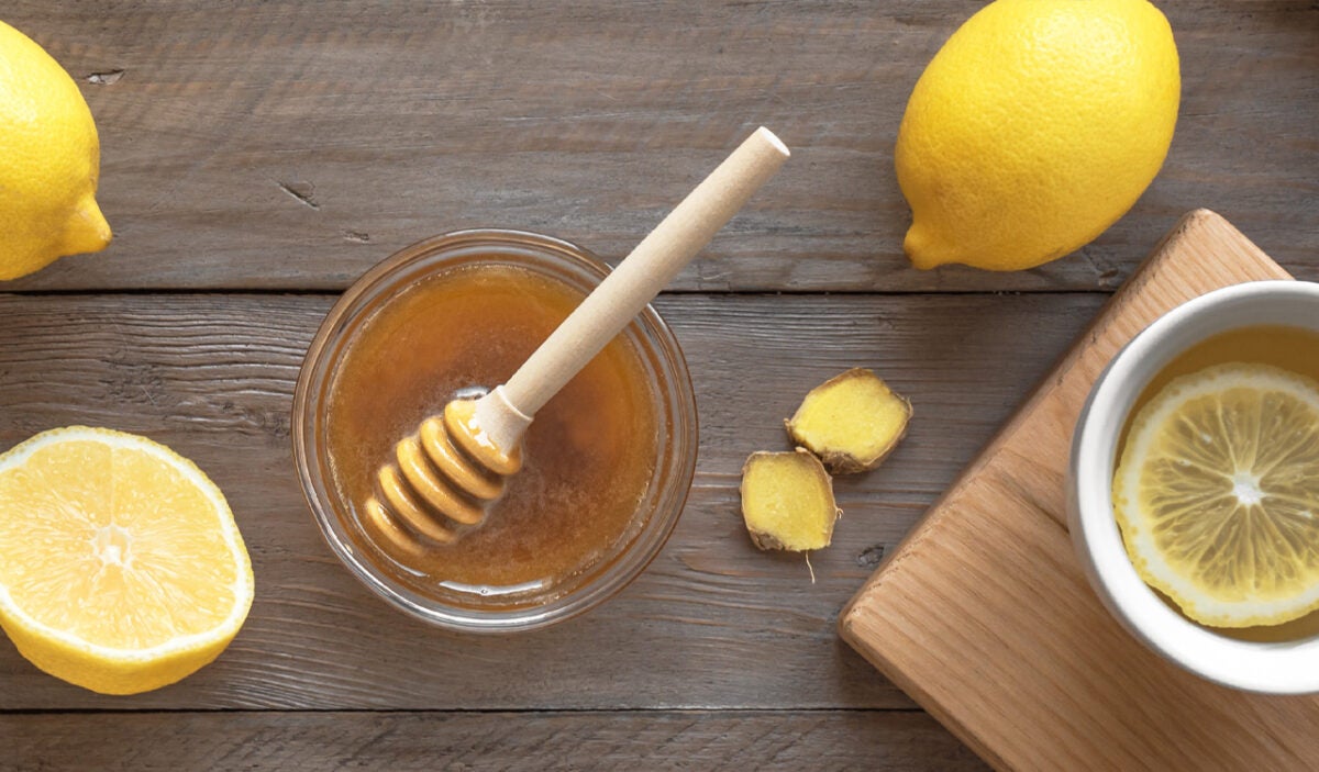 Hot tea with honey, lemon, and ginger.