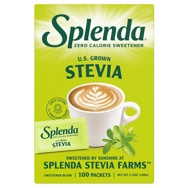 Frente de la caja de Splenda Stevia en 100 sobrecitos